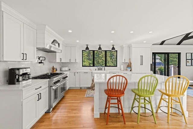 kitchen with light stone countertops, range with two ovens, light hardwood / wood-style floors, sink, and white cabinetry