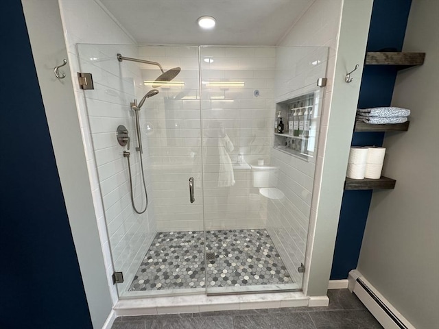 36 Jean Dr, North Attleboro, MA 02760 - full bathroom featuring a baseboard heating unit, a shower stall, tile patterned flooring, and baseboards