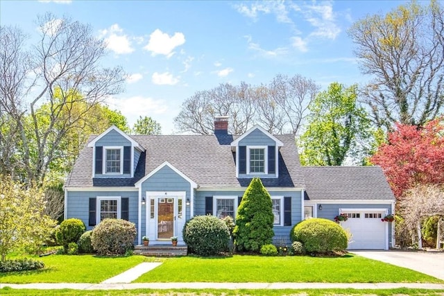 cape cod home featuring a chimney, an attached garage, a shingled roof, and a front lawn