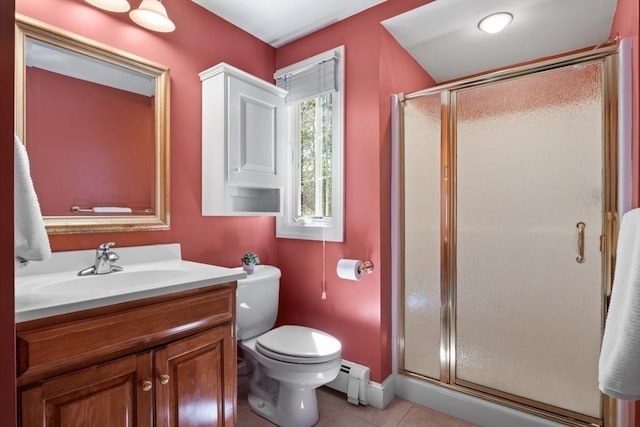 bathroom with vanity, toilet, tile patterned floors, baseboards, and a stall shower