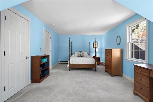 bedroom featuring baseboards, a baseboard radiator, and light colored carpet