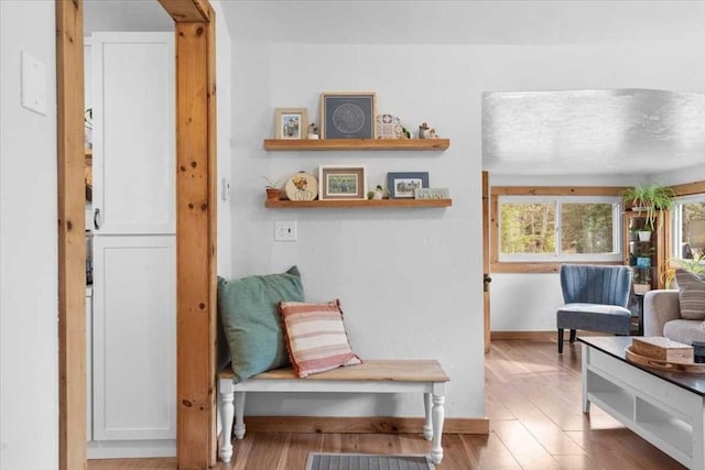 sitting room with baseboards and wood finished floors