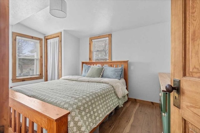 bedroom with hardwood / wood-style floors, lofted ceiling, baseboards, and a closet