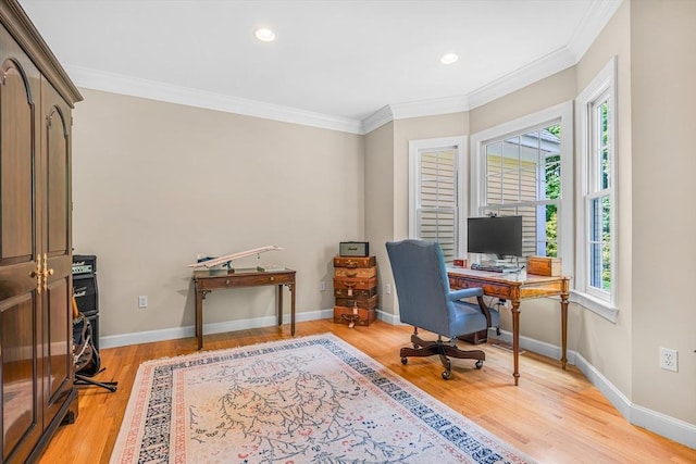 10 Whitney Rd, Stow, MA 01775 - office space with crown molding, light wood-type flooring, recessed lighting, and baseboards