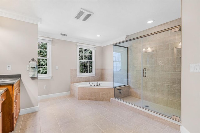 10 Whitney Rd, Stow, MA 01775 - full bath featuring tile patterned floors, vanity, a bath, crown molding, and a shower stall