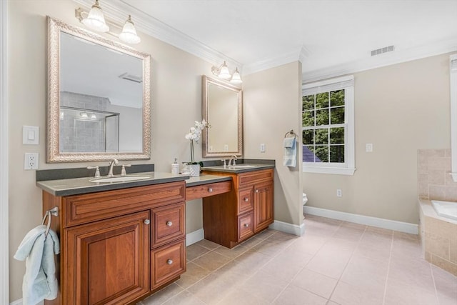 10 Whitney Rd, Stow, MA 01775 - bathroom featuring double vanity, crown molding, tiled bath, tile patterned flooring, and toilet