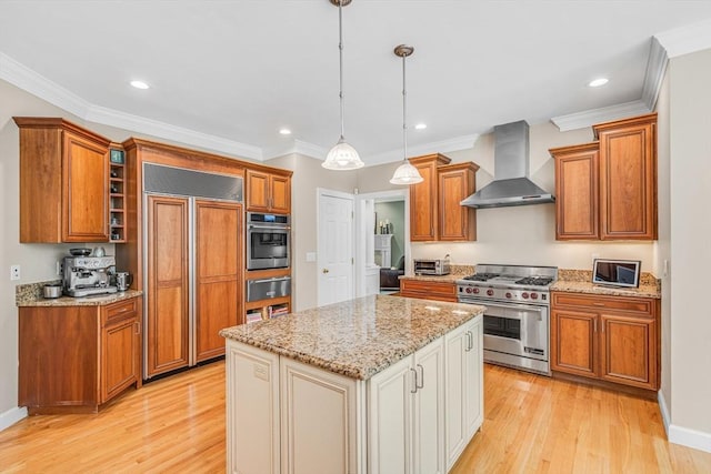 10 Whitney Rd, Stow, MA 01775 - kitchen featuring premium appliances, wall chimney exhaust hood, a warming drawer, light wood-style floors, and recessed lighting