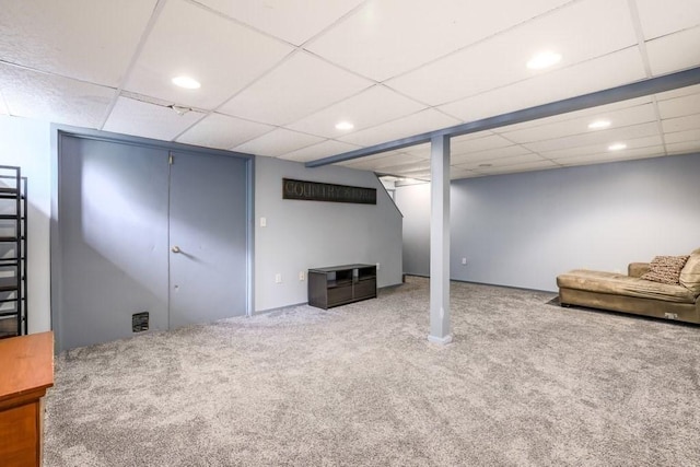 83 Everett Rd, Barre, MA 01005 - finished below grade area with carpet floors, a paneled ceiling, and recessed lighting