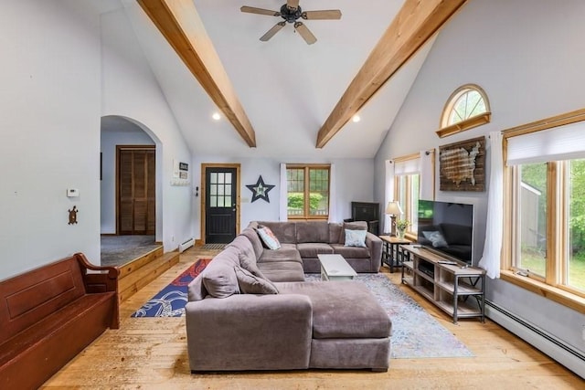 83 Everett Rd, Barre, MA 01005 - living area with baseboard heating, beamed ceiling, high vaulted ceiling, wood finished floors, and arched walkways