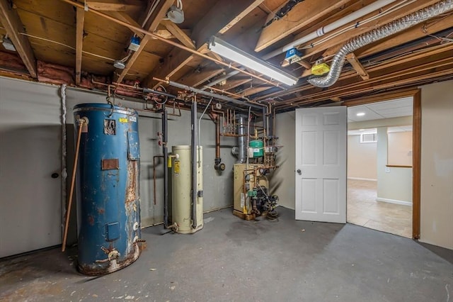 unfinished basement with water heater and a heating unit