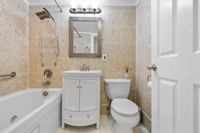 bathroom with shower / bathtub combination, vanity, toilet, and tile walls
