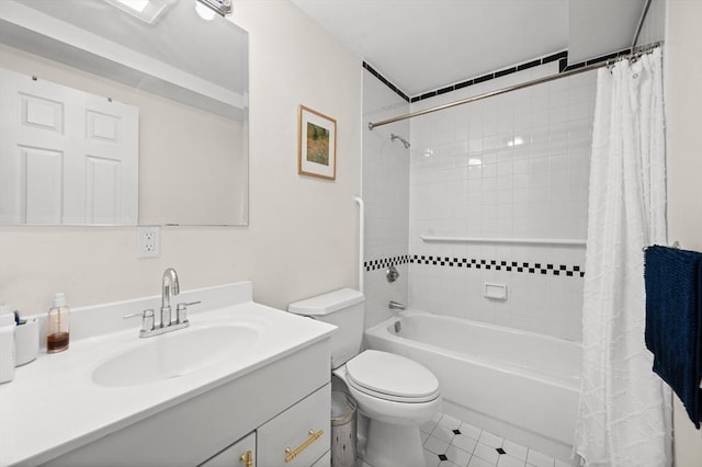 full bathroom with toilet, vanity, and shower / bath combination with curtain