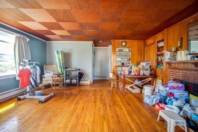 miscellaneous room with wood walls, light hardwood / wood-style floors, a fireplace, a baseboard radiator, and crown molding