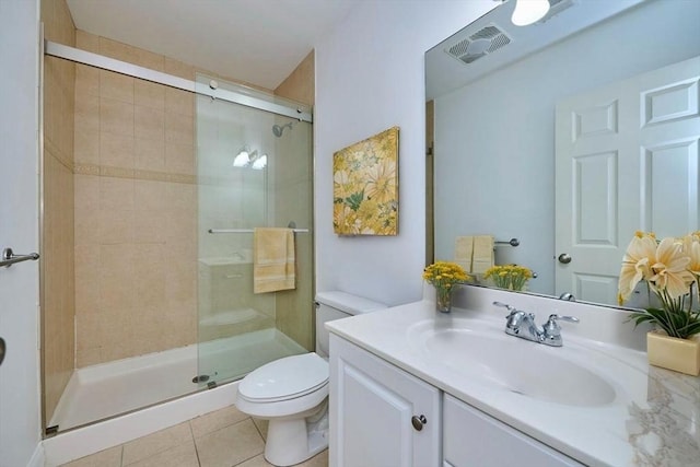 full bath with visible vents, vanity, toilet, tile patterned floors, and a stall shower