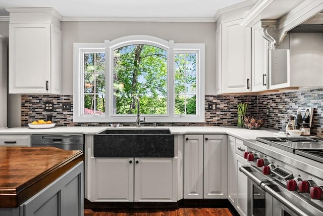9 Wescott Rd, Andover, MA 01810 - kitchen with double oven range, ornamental molding, plenty of natural light, wooden counters, and white cabinetry