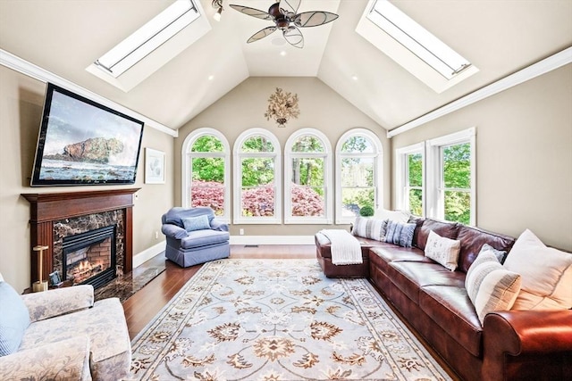 9 Wescott Rd, Andover, MA 01810 - living area with a skylight, ceiling fan, wood finished floors, a high end fireplace, and high vaulted ceiling