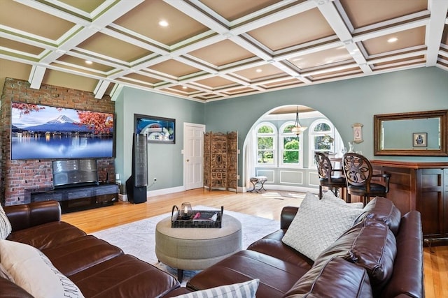 9 Wescott Rd, Andover, MA 01810 - living area with wood finished floors, coffered ceiling, arched walkways, beamed ceiling, and baseboards