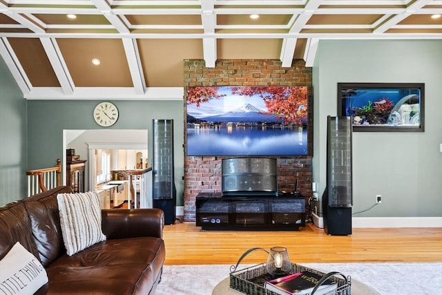 9 Wescott Rd, Andover, MA 01810 - living room featuring coffered ceiling, wood finished floors, beam ceiling, and baseboards