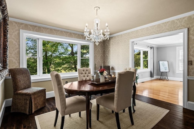 9 Wescott Rd, Andover, MA 01810 - dining room with a chandelier, hardwood / wood-style floors, wallpapered walls, ornamental molding, and baseboards