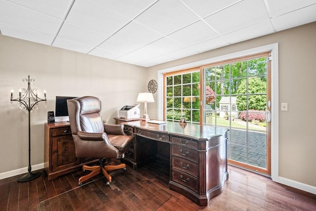 9 Wescott Rd, Andover, MA 01810 - office space with baseboards, a drop ceiling, dark wood-type flooring, and a chandelier