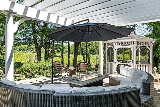 9 Wescott Rd, Andover, MA 01810 - view of patio with an outdoor living space with a fire pit, a gazebo, and a pergola
