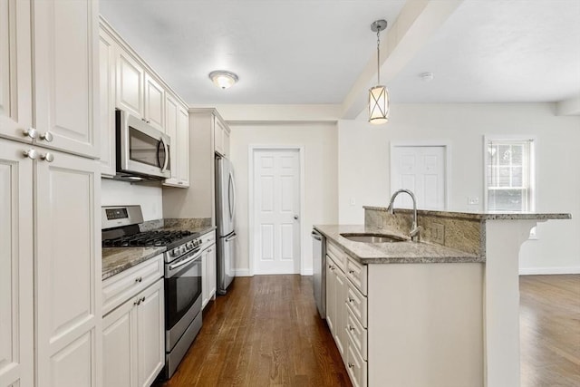 111-113 Pleasant St, Milton, MA 02186 - kitchen featuring appliances with stainless steel finishes, dark wood-style floors, a center island with sink, light stone countertops, and a kitchen bar
