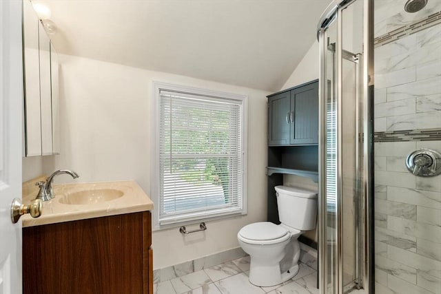 111-113 Pleasant St, Milton, MA 02186 - bathroom with marble finish flooring, vanity, a stall shower, and vaulted ceiling