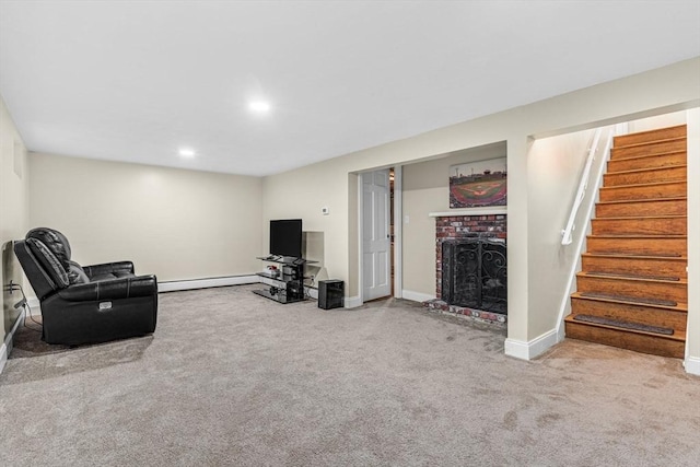 23 Cherokee Rd, Acton, MA 01720 - living area featuring carpet floors, a fireplace, stairway, a baseboard radiator, and baseboards