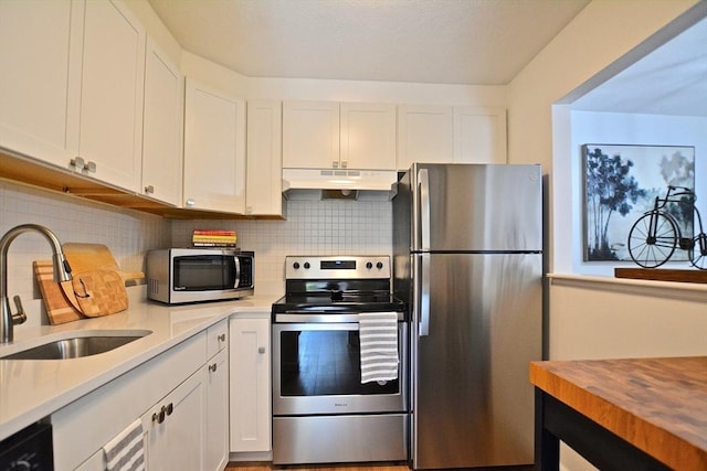 151 Bittersweet Ln Unit 208, Randolph, MA 02368 - kitchen featuring stainless steel appliances, under cabinet range hood, white cabinetry, and decorative backsplash