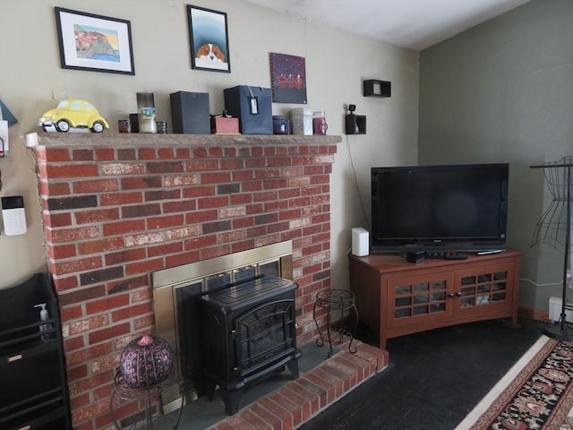 living room with a wood stove