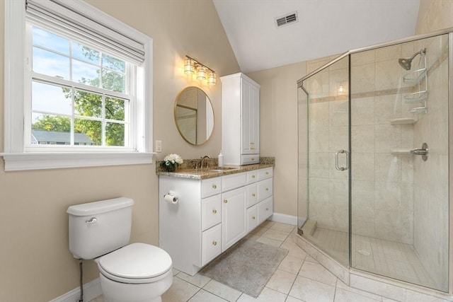 full bath with tile patterned floors, visible vents, a shower stall, baseboards, and vanity