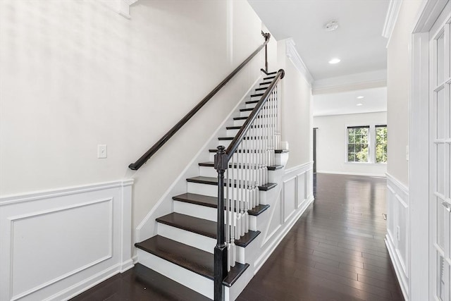 184 Stonehaven Dr, Weymouth, MA 02190 - staircase with wood finished floors, a decorative wall, a wainscoted wall, ornamental molding, and recessed lighting