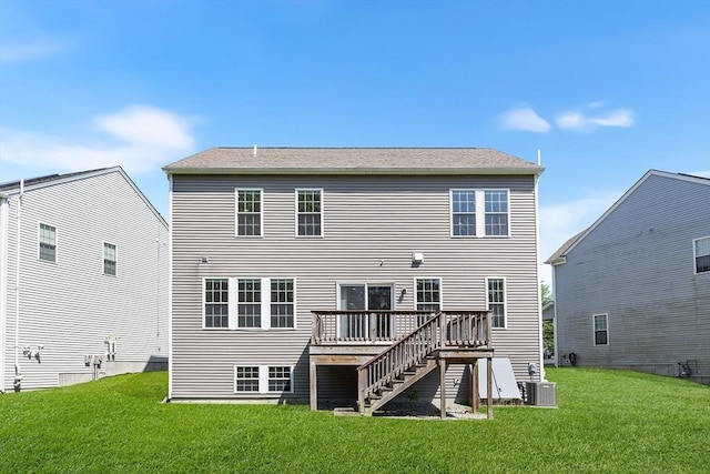 184 Stonehaven Dr, Weymouth, MA 02190 - back of property featuring a wooden deck, a yard, central AC, and stairway
