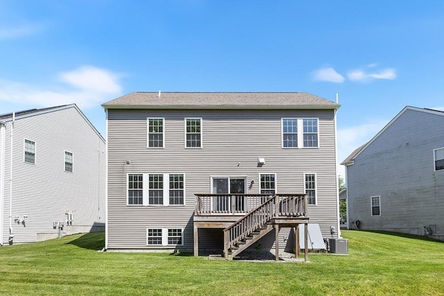184 Stonehaven Dr, Weymouth, MA 02190 - rear view of house with a deck, a yard, central AC, and stairway