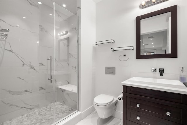 69 Walnut St Unit 4, Brookline, MA 02445 - bathroom with toilet, a marble finish shower, vanity, marble finish flooring, and baseboards