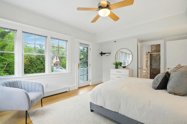 11 Longfellow Rd, Cambridge, MA 02138 - bedroom with access to exterior, a baseboard heating unit, light wood-type flooring, ceiling fan, and baseboards