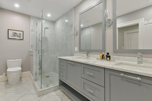 65 Marlborough St Unit 1-6, Boston, MA 02116 - full bath featuring marble finish floors, double vanity, a shower stall, and recessed lighting