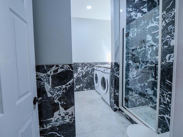 461 Aiken Ave, Dracut, MA 01826 - full bathroom with washing machine and clothes dryer, a marble finish shower, and a wainscoted wall