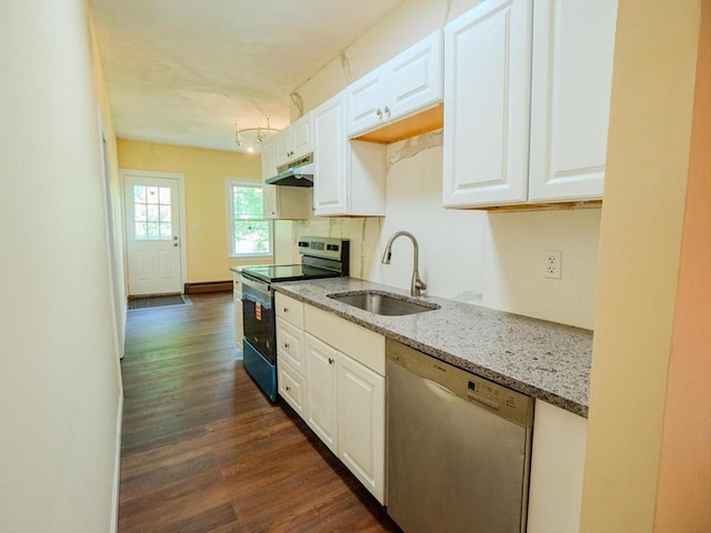 461 Aiken Ave, Dracut, MA 01826 - kitchen featuring dishwasher, stainless steel electric range, under cabinet range hood, light stone counters, and dark wood finished floors