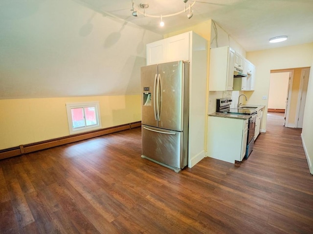 461 Aiken Ave, Dracut, MA 01826 - kitchen featuring stainless steel refrigerator with ice dispenser, electric stove, dark wood-type flooring, and white cabinets