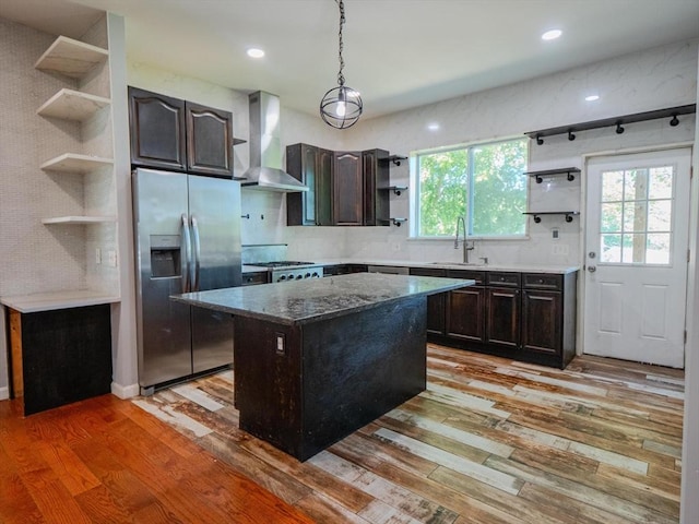461 Aiken Ave, Dracut, MA 01826 - kitchen featuring open shelves, stainless steel refrigerator with ice dispenser, wall chimney range hood, light wood-type flooring, and dark brown cabinets