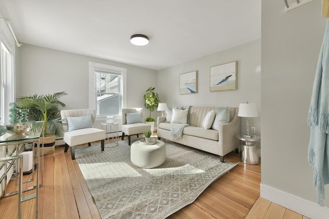 living room with baseboards and wood finished floors