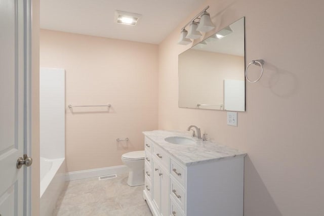 full bathroom featuring vanity, washtub / shower combination, tile patterned flooring, and toilet