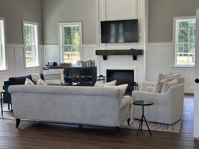 living room with wood-type flooring, a towering ceiling, and a healthy amount of sunlight