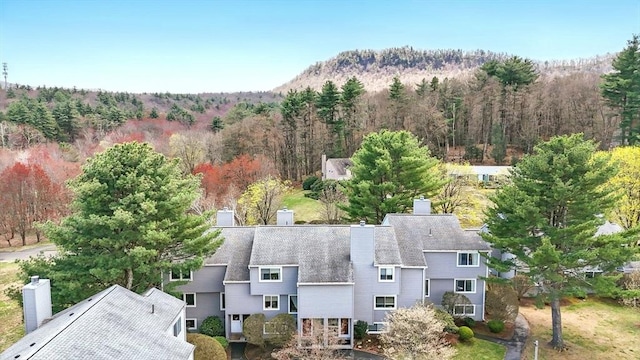 drone / aerial view featuring a mountain view and a forest view