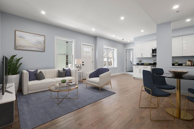 167 Charles St, Waltham, MA 02453 - living area with light wood-style flooring, recessed lighting, and baseboards