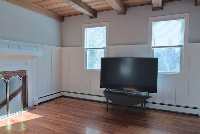 living area with a wainscoted wall, a baseboard heating unit, wood ceiling, wood finished floors, and beamed ceiling