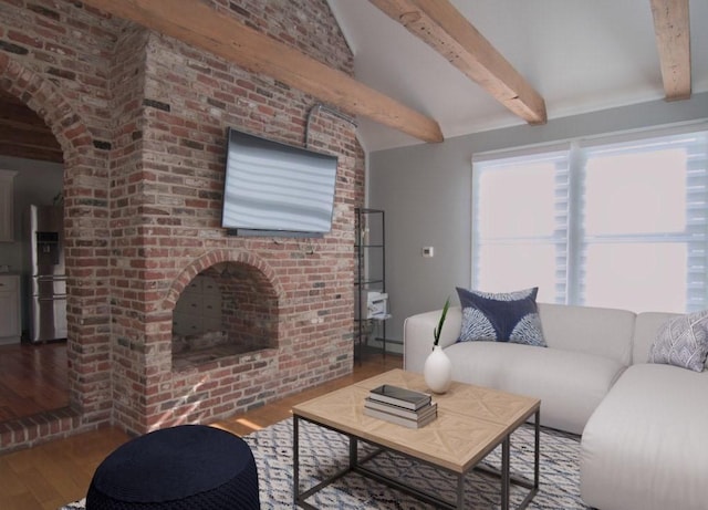 living area featuring a brick fireplace, arched walkways, wood finished floors, and beamed ceiling