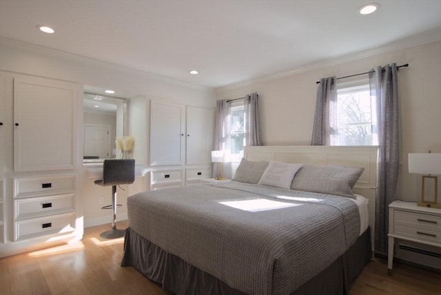 bedroom featuring light wood-type flooring, multiple windows, crown molding, and recessed lighting