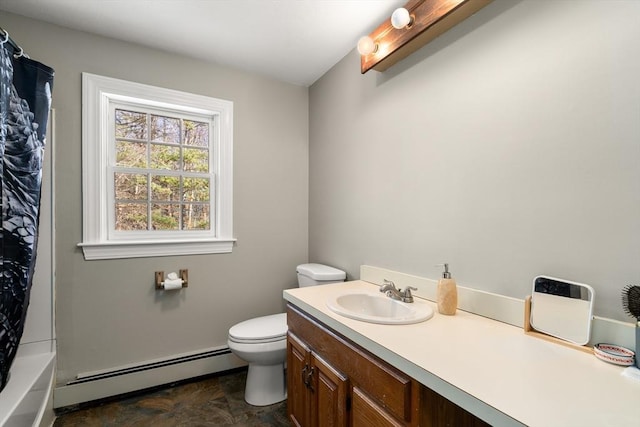 full bathroom featuring vanity, shower / tub combo, a baseboard radiator, and toilet